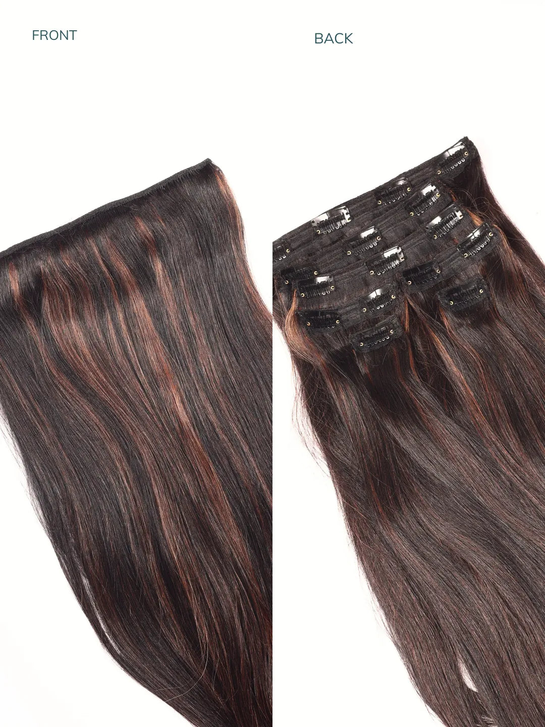 Seamless 7 Set Clip-In Extensions – Mocha Brown Balayage Front & Back Image